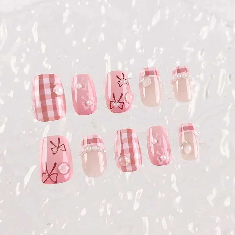 10Pcs Sweet Pink Checkerboard Handmade Nails Bow Pearl Short Coffin Fake Nail Tips for Women Girl Removable Wearable Nail Art R250616