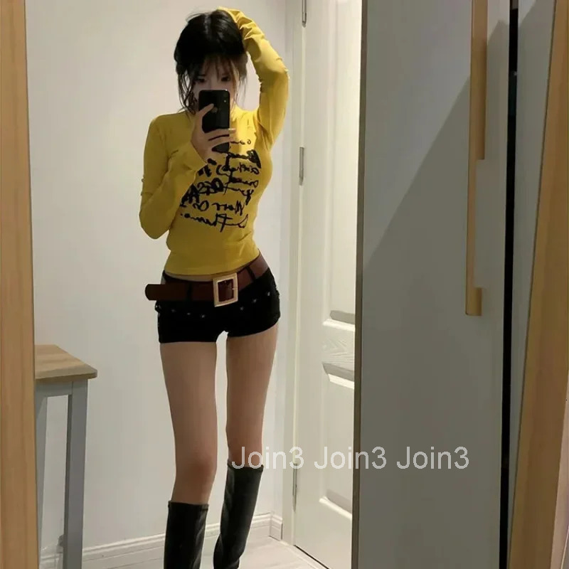Yellow Top Female Korean Clothing With Sleeves Womens Long Sleeve T-shirt Pulovers Youthful Clothes Harajuku Fashion Popular