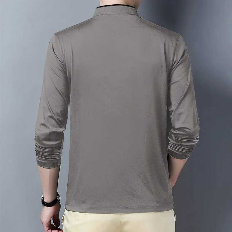 Mens Casual Fashion Solid Color Long Sleeve Polo Shirt Stand Up Collar Versatile Comfortable Top W250616