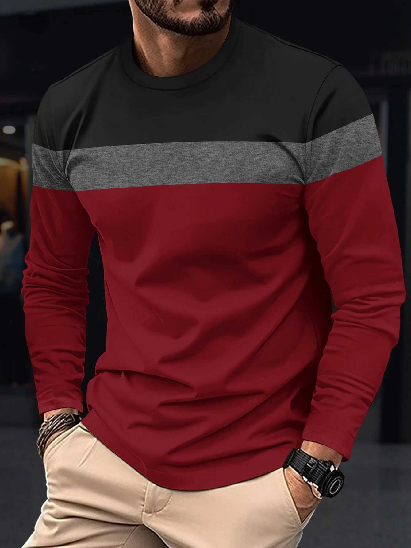 Spring Autumn Fashion Mens Long Sleeve Round Neck Splicing T-shirt Business Anti Wrinkle Street Wear Casual Sport Top Male W250616