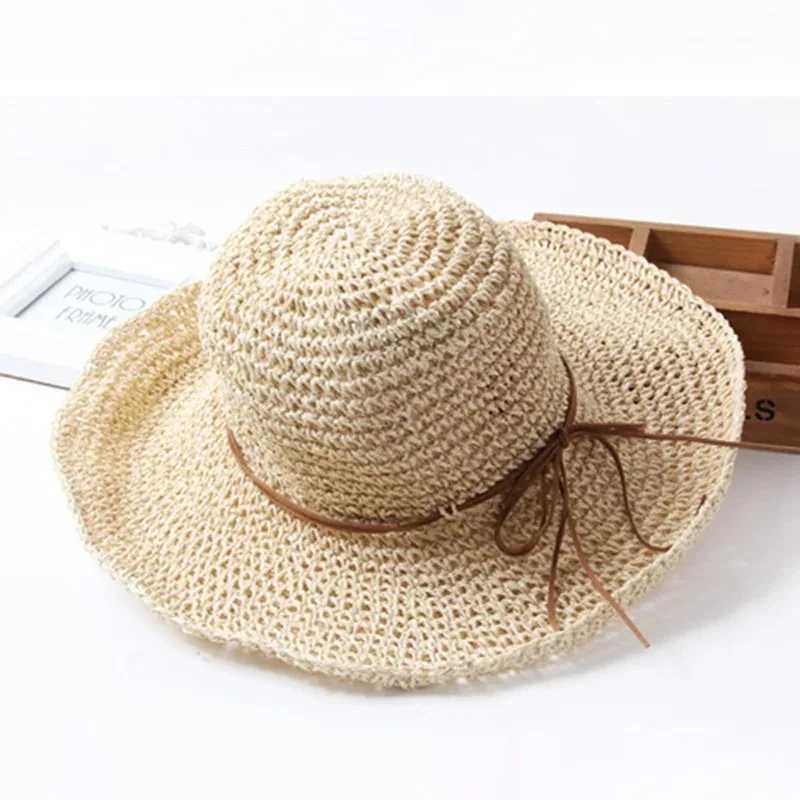 New Arrival Fashion Sun Straw Hat Women Crochet Womens Seaside Foldable Weave Wide Brim Real Cap Floppy Trilby Bow Summer Beach Sun Hat U250616