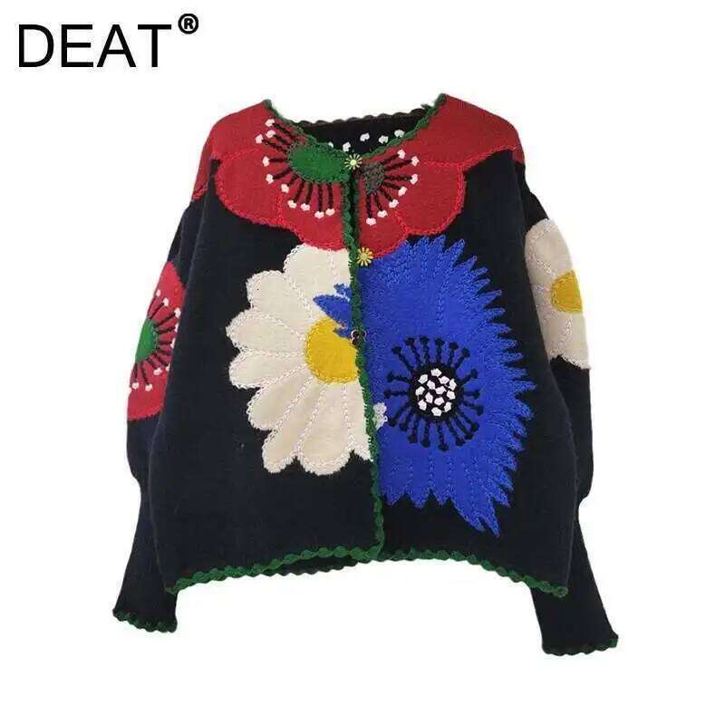 DEAT Women's Cardigan Contrast Color Knitted Flowers O-neck Retro Loose Lantern Sleeve Sweaters 2025 New Summer Fashion 29L9213