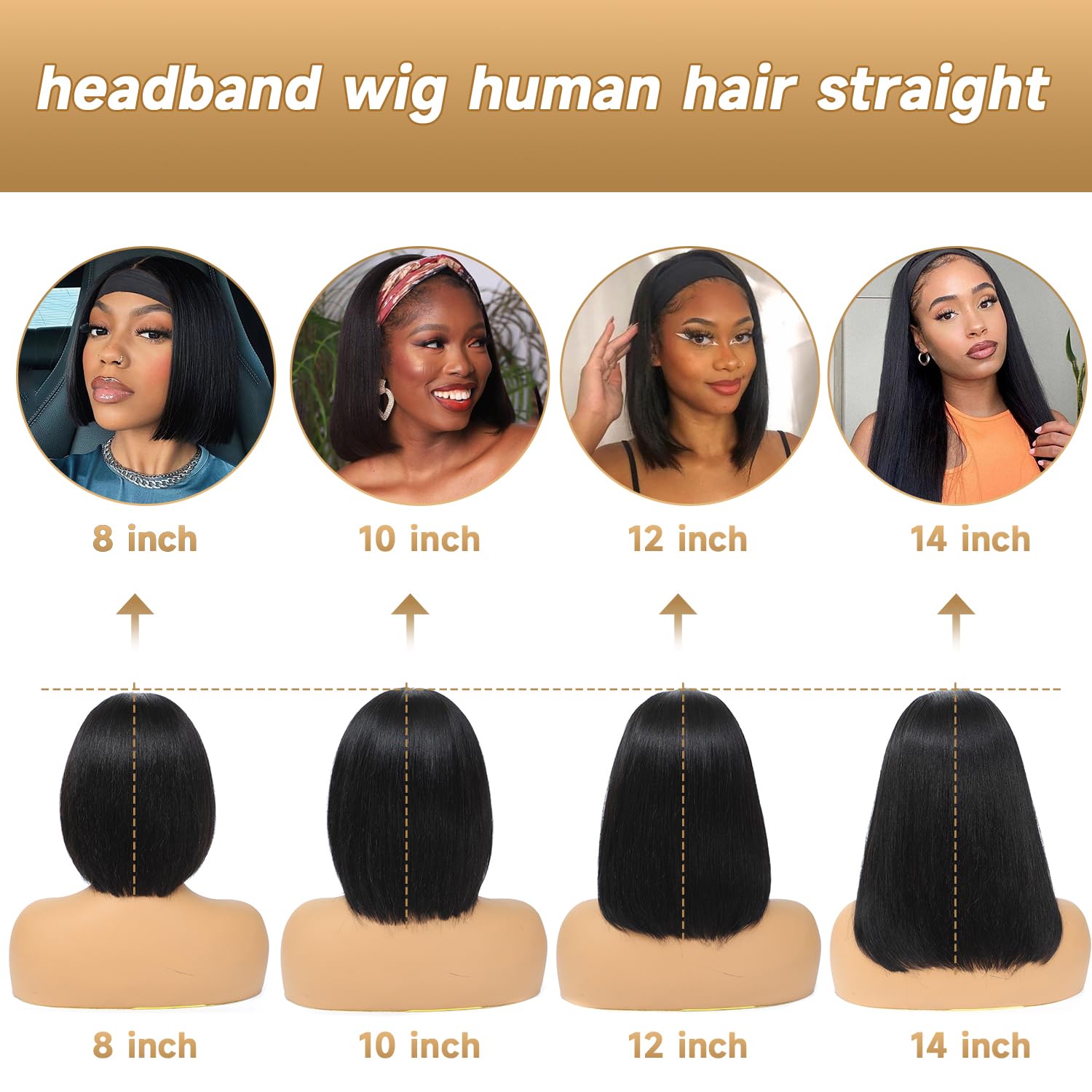Headband wigs human hair 360,14 Inch Glueless Wig Short None Lace Front Short human hair wig for Black Women Natural Black 150% Density