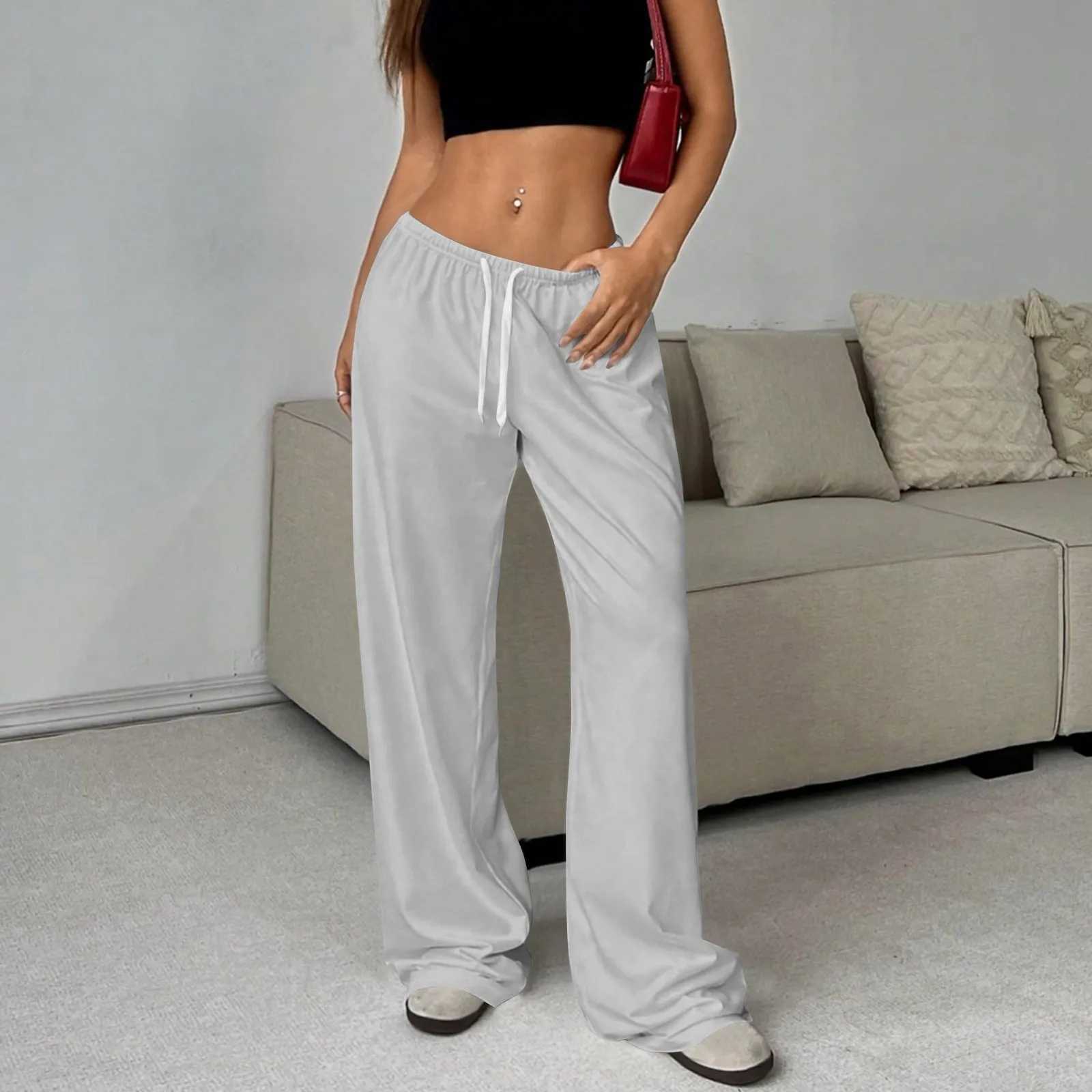 Womens casual pants wide-leg pants fashion casual drawstring trousers straight loose pants solid color sweatpants XJ250616