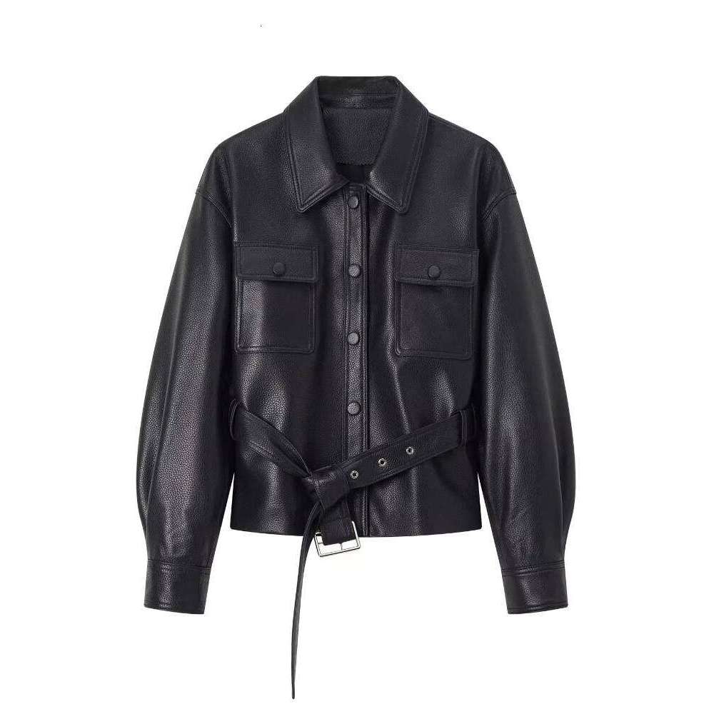 Casual Black Genuine Leather Jackets for Women Spring Autumn High-end Simple Lychee Texture Short Real Sheepskin Coat with Belt