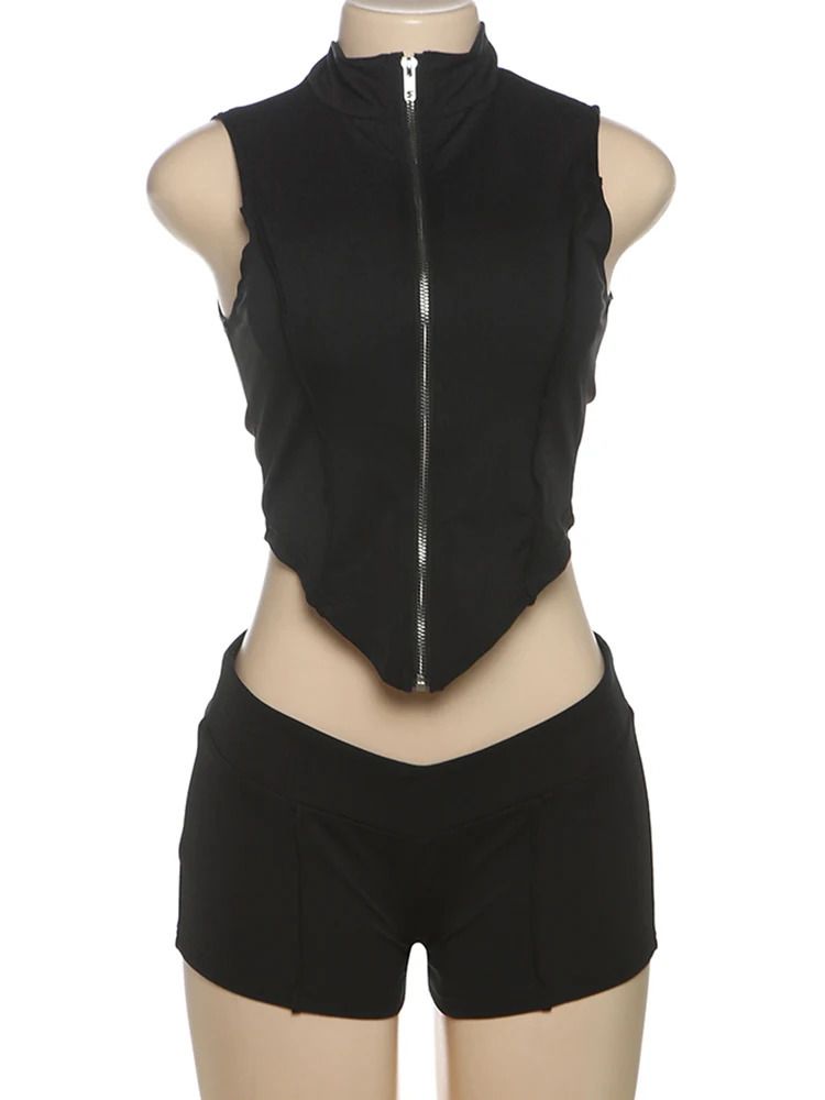 Weird Puss Lines Patchwork 2 Piece Set Women Zipper Cardigan Irregular Crop TopSkinny Peach Hip Shorts Simple Sporty Streetweas 250614