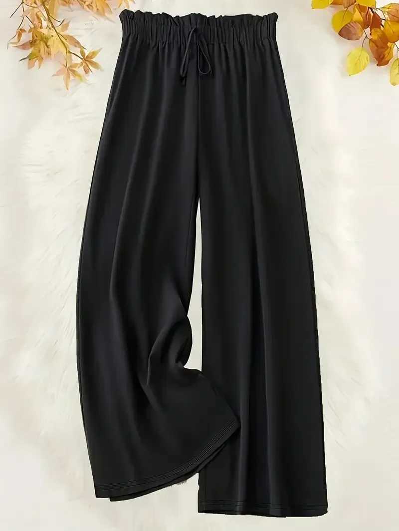 Plus Size 1XL-5XL Women Fashion Solid Color Wide Leg Pants Fe Casual Ele Drstring High Waisted Loose Long TrousersXJ250616