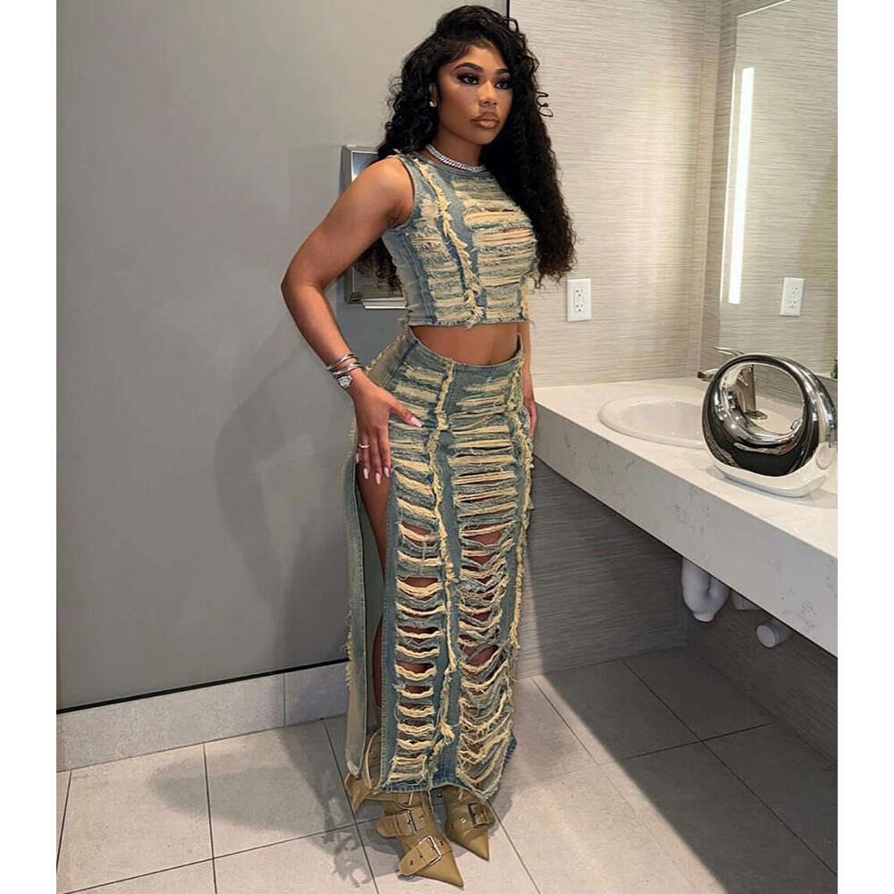 European and American Women's Set Fashion Personality Handmade Distressed Vest Slit Denim Skirt 2025 Elegant Versatile New Trendy Clothing Ins