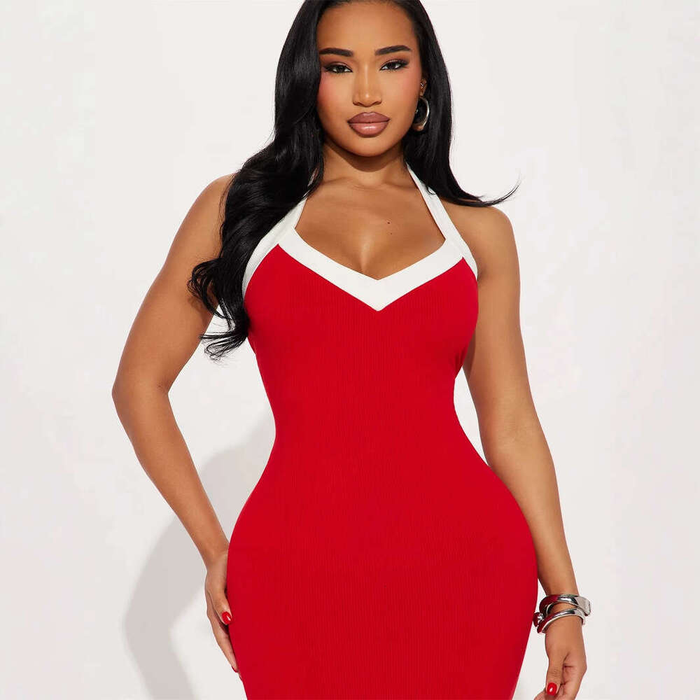 Summer New Women's Sexy Hot Girl Solid Color Halter Neck Backless Waist-Cinching Bodycon Dress B5