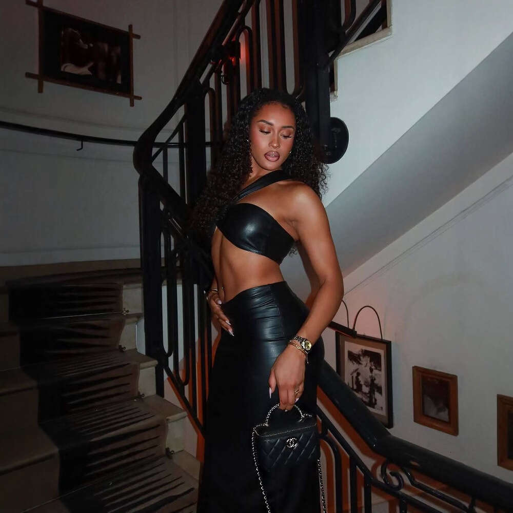 Summer New Women's Sexy Hot Girl PU Leather Halter Neck Tube Top Bodycon Long Dress Set B5