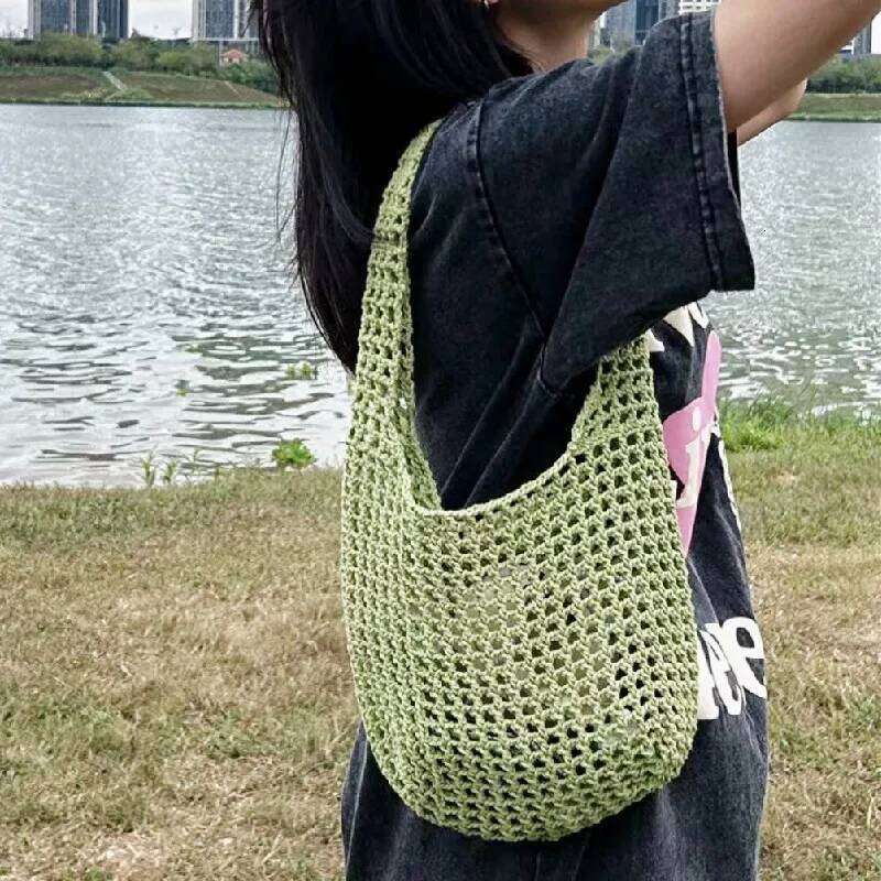 Hollow out Women's Shoulder Handmade Hook Weave Leisure Shopping Large Capacity Beach Summer Cool Checker Bag