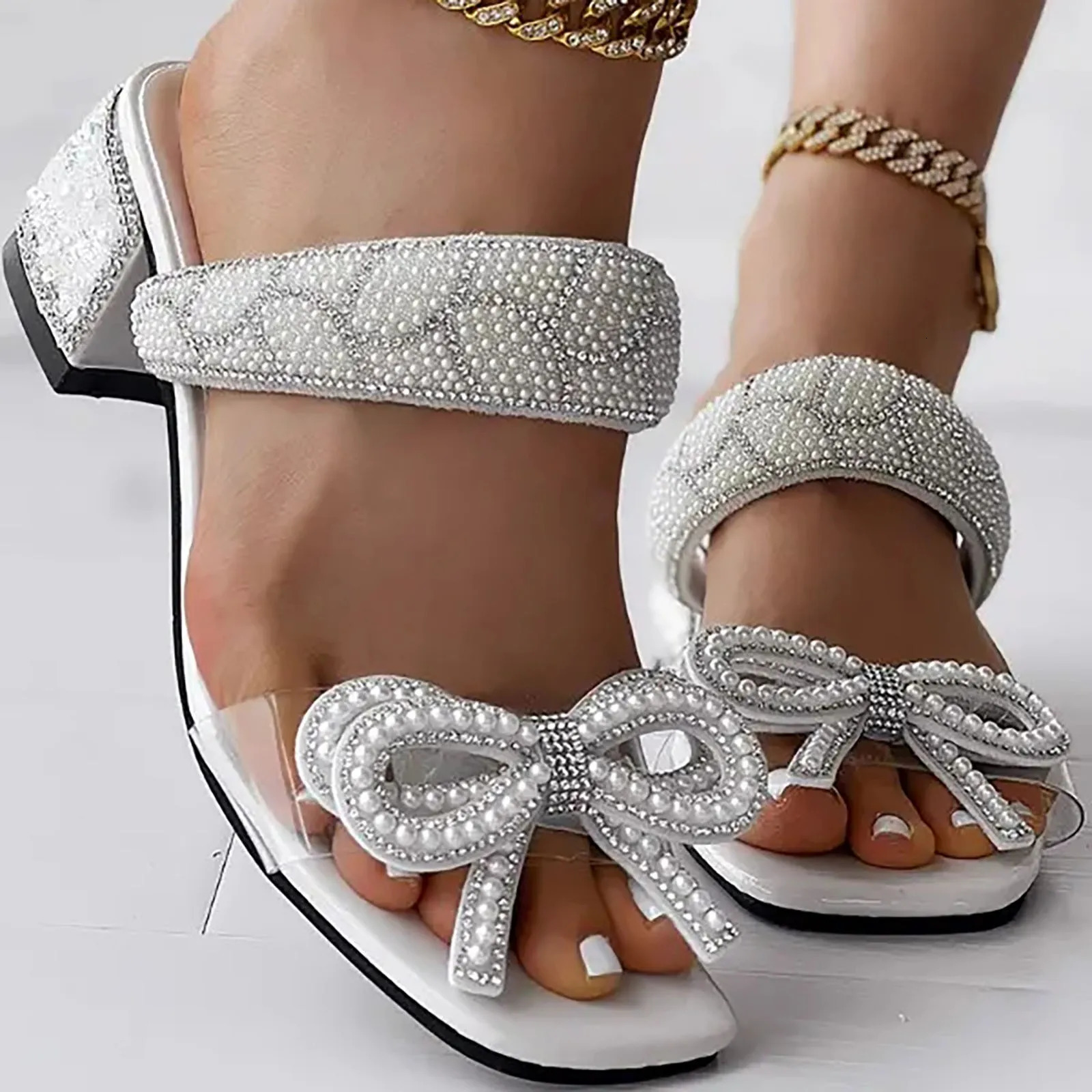 Diamond Bow Sandals And Slippers For Women Wearing Thick Heeled Sandals Slippers Large Size High Heels Boots For Women Sexy 250614