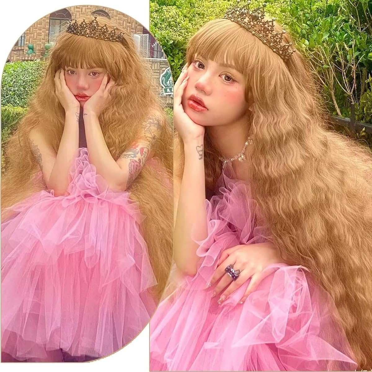 40 inch women's long wavy wig with bangs faux hair texture, natural appearance synthetic heat-resistant hair Bohemian wig for daily parties and H