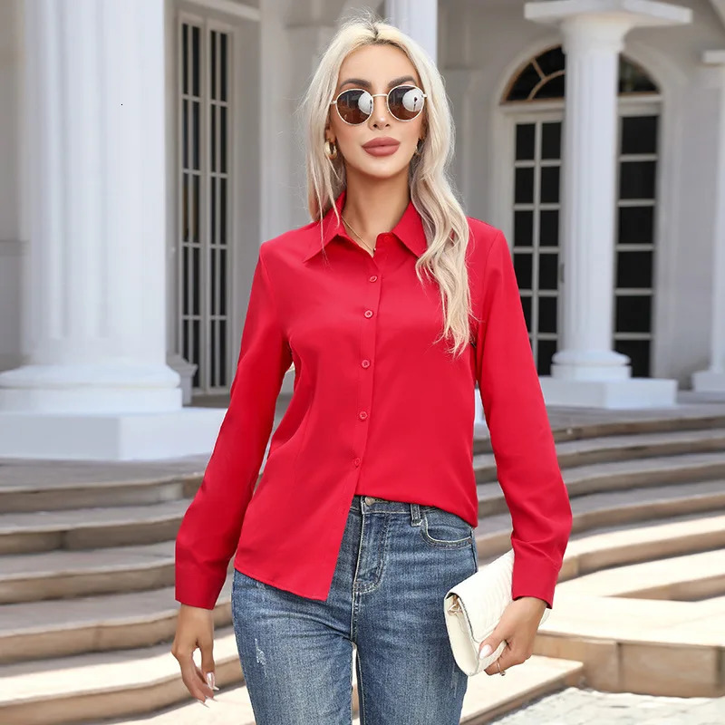 1pcs Woman Spring Autumn Solid color Shirts Lady Casual Long Sleeve Turn-down Collar Loose Shirt Female Fashion Temperament Tops 250614