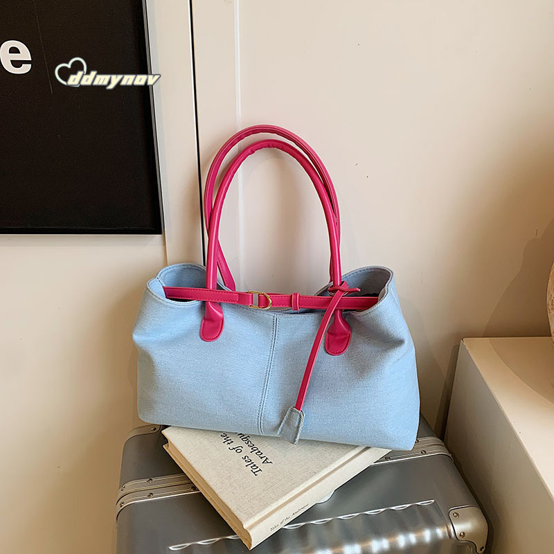 Commuting Large Capacity Denim for Women 2025 New Spring Summer Color-Block Handbag Casual Shoulder Tote Bag ddmynov ddmynov