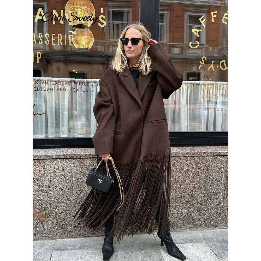 Fashion Woolen Tassel Coat Women Brown Single Breasted Long Sleeve Lapel Loose Jacket 2025 Spring High Street Outerwear