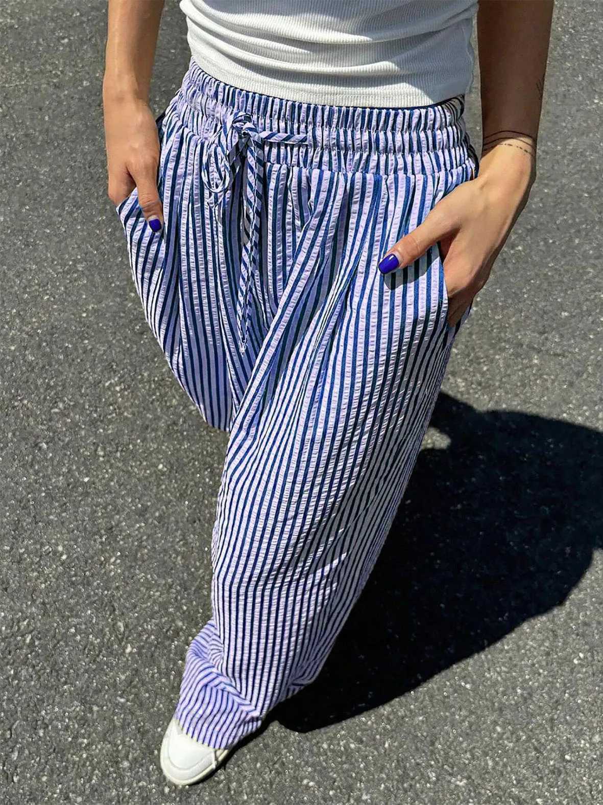2024 Womens Striped Straight Leg Pants Relaxed Fit Casual Lounge Trousers Versatile All Season Elastic Waist Comfort XJ250616
