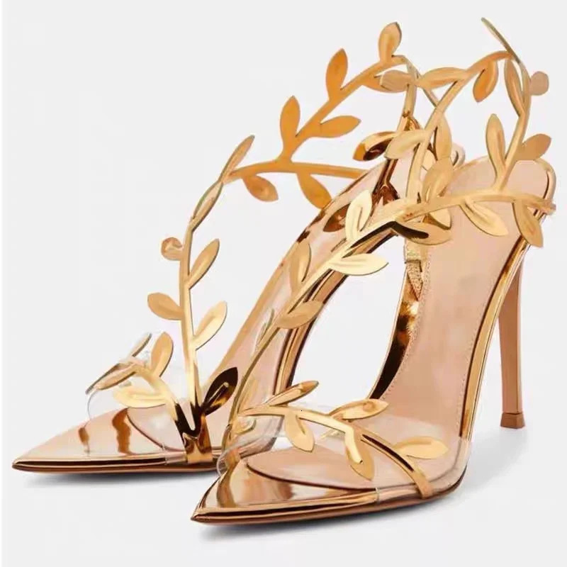 Golden Branch Jade Leaves High Heel Sandals Non-Slip Thin Heel Pointed Toe Gold Celebrity Style Transparent Rhinestone Chain 250610