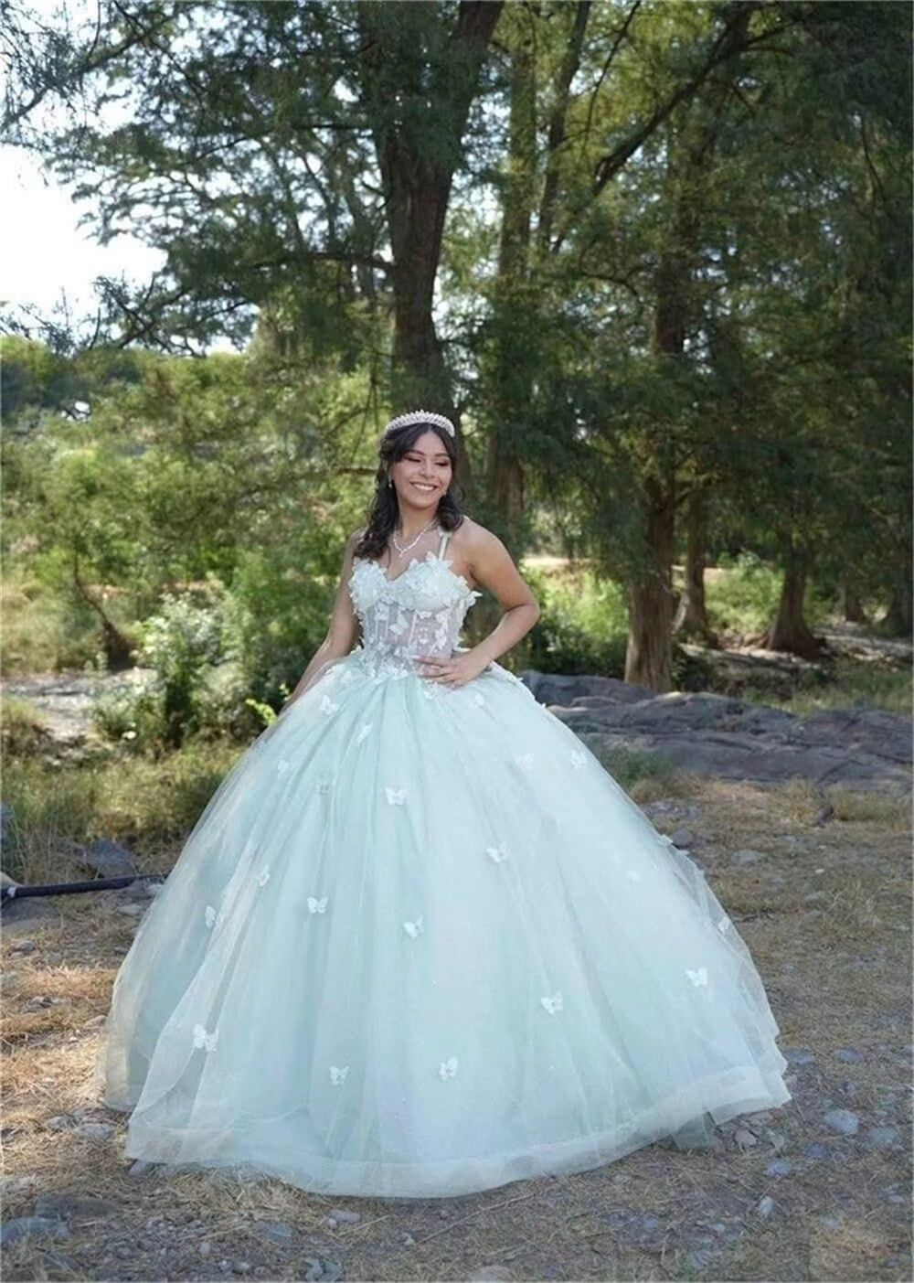 Ball Gown Quinceanera Dresses Spaghetti-strap Illusion Butterfly Appliques Bow Lace-up Plus Size Sweet 15 16 Princess Birthday Party Gowns Vestidos De