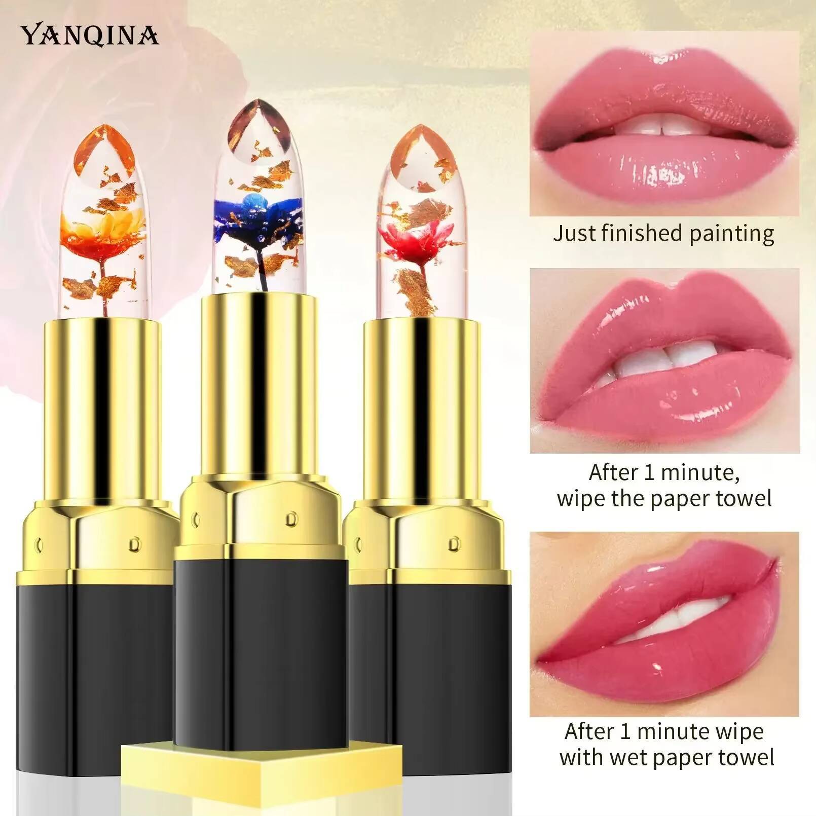YANQINA Magic Changes Florett Jelly Long Lasting 24 Hours Gold Foil Lipstick Cosmetics Woman Makeup happy