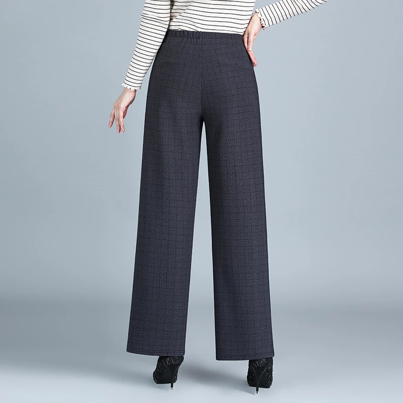 Autumn grid plus Size Pants Women Elastic High Waist Wide Leg Velvet Pant Korean Widdleaged Elderly Women Trousers 250609