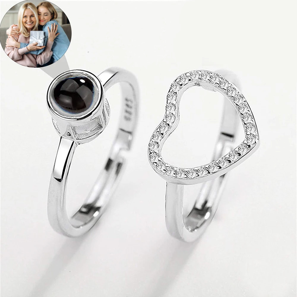 Personalized Projection Rings Po For Women Custom Picture Promise Ring Wedding Jewelry 2Pcs Heart Adjustable Christmas Gift 250610
