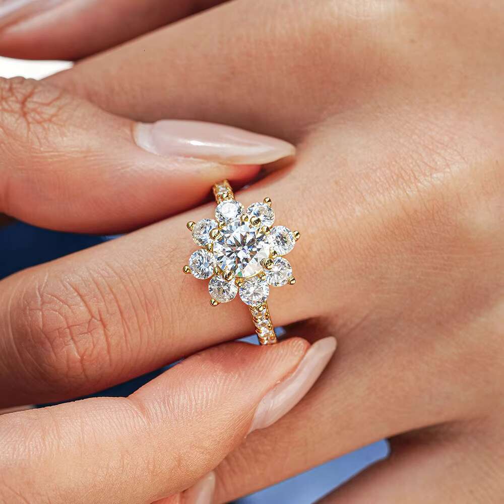 Real D Color 925 Sterling Silver Moissanite Ring Korean Fashion High Quality Sunflower Shape Moissanite 1CT 2CT Ring for Women