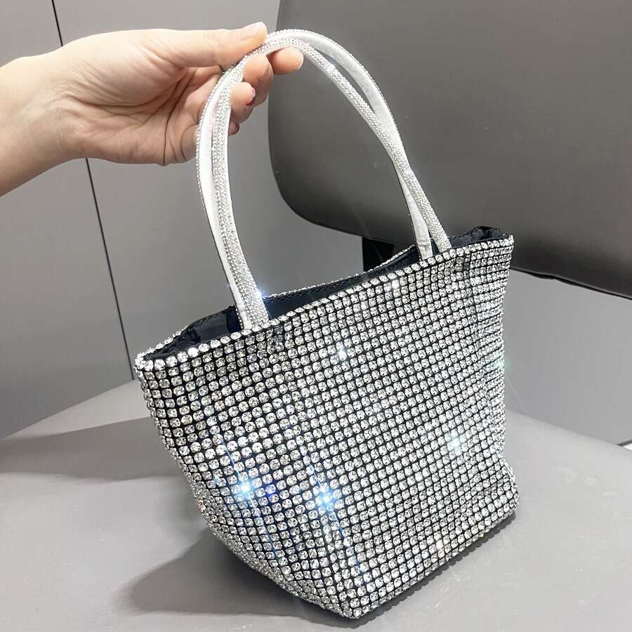 Women's Shiny Rhinestone Handmade Designer Evening Chain Tote Bag