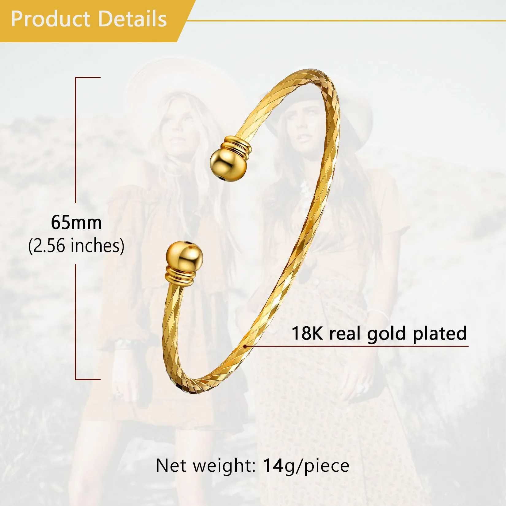 U7 Simple Twisted Pattern Beaded End Open Cuff Bangle Daily Jewelry Z250616