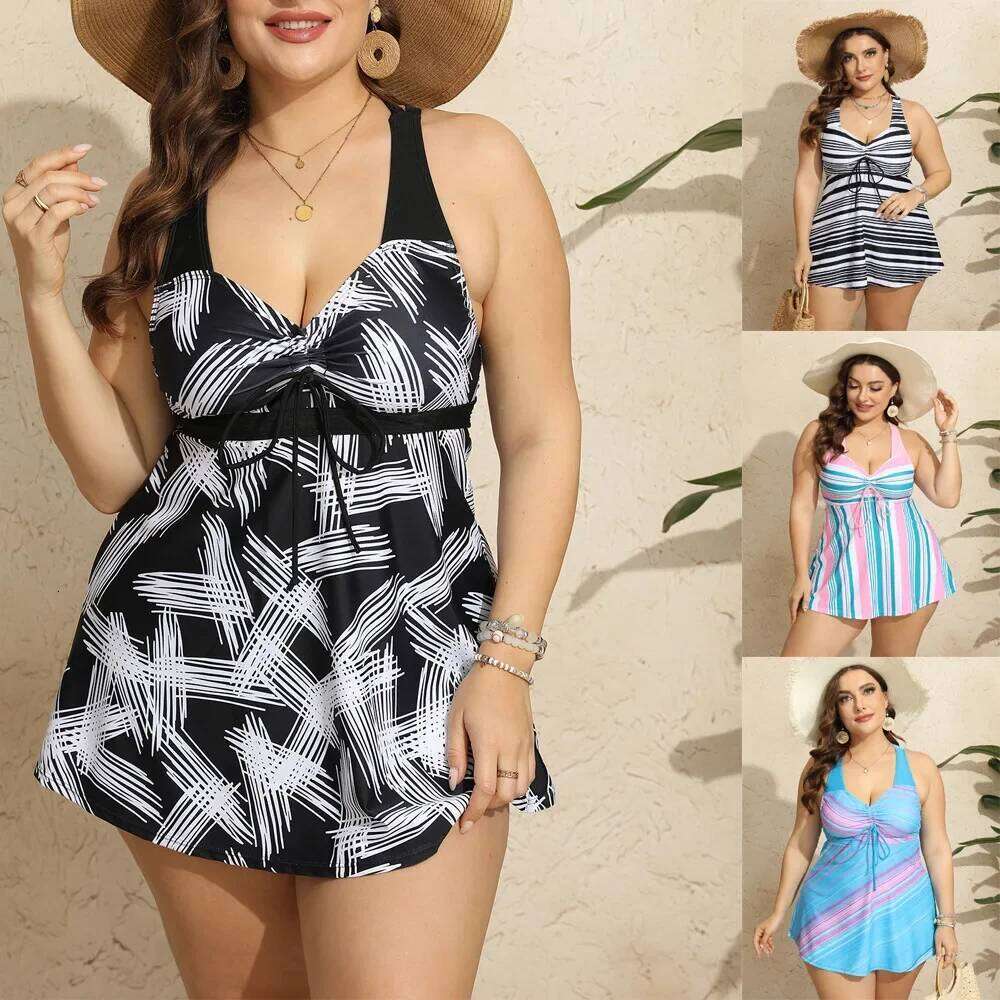 Plus Size Women Push Up Bathing Suit Skirt Beachwear Swimsuit Printed Adjustable Strap Split Swimwear Bohemian Vacation