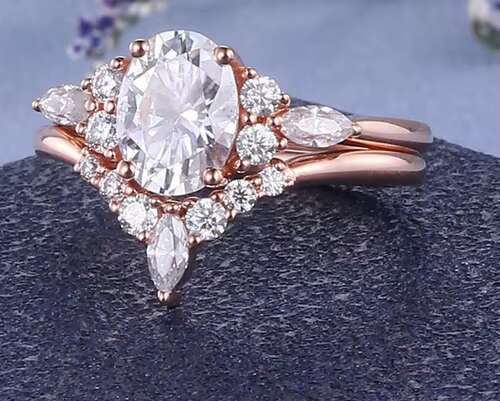 1 CT Oval Cut Rose Gold 925 Sterling Silver Moissanite Diamond Studded Bridal Promise Ring Set for Sale