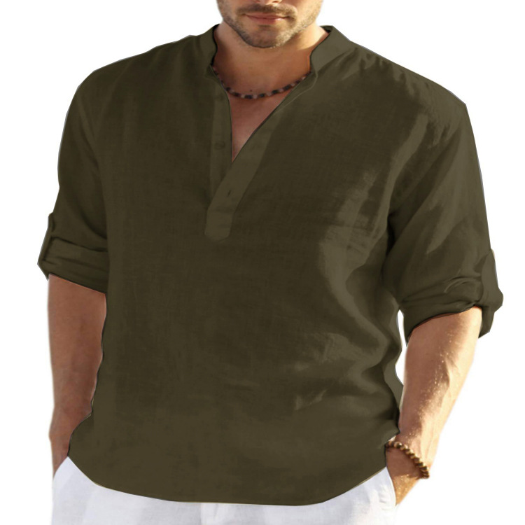 Men's shir Cotton Linen Hot Sale Men Short-Sleeved Shirts Summer Solid Color Stand-Up Collar Casual Beach Style Plus Size S-5XL