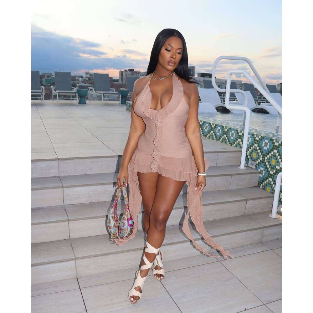 European and American Summer Solid Color Sleeveless Low Neck Ruffle Irregular Bodycon Short Dress 2025 New Casual Versatile Fashion Clothing