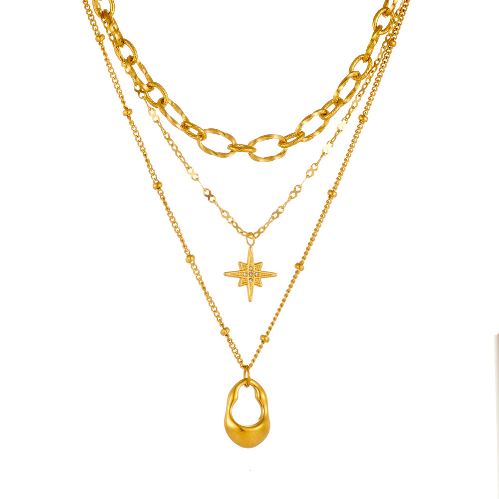 Light Fashion Personality Dia-Studded Eight-Pointed Star Irregular Layered Necklace for Women Titanium Steel Non-Fading Jewelry