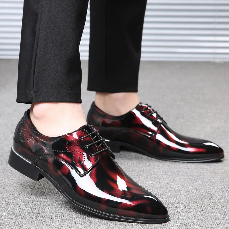 Men Fashion Red Sole Dance Club Derby Shoes For Man Business Dress Lace-Up Printed Patent Leather Mens Wedding Party Shoe 250613