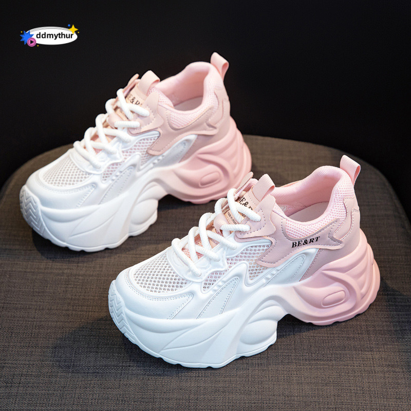 Women's Dad Sneakers 2025 Summer Style Single Mesh Hidden Heel 8CM Height Increase Casual Versatile Thick Sole Color Block Sports Shoes ddmythur