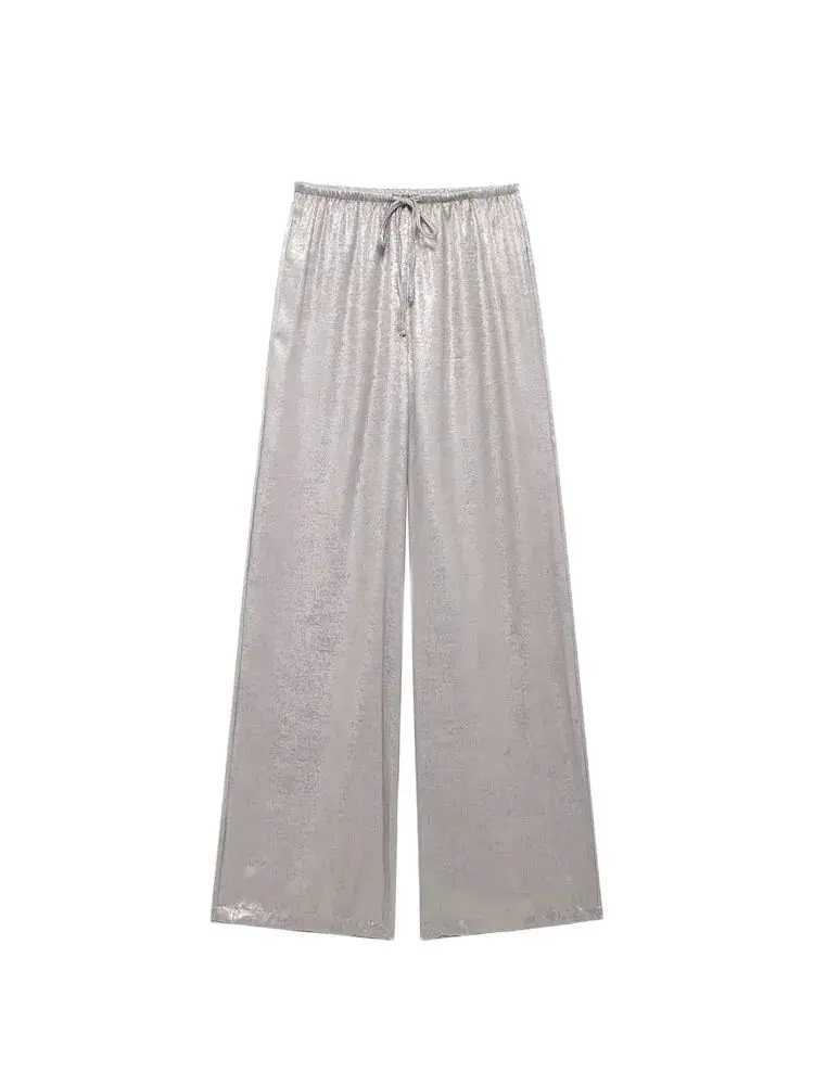 TRZA-Womens Metallic Straight Pants High Elastic Waist with Drawstring Fe Trousers Chic Fashion XJ250616