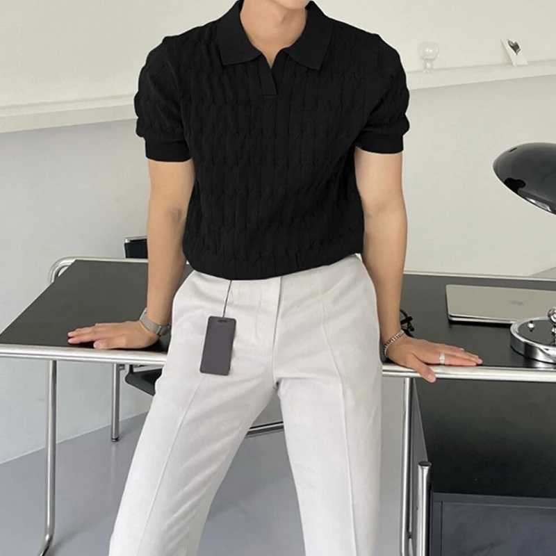 Summer Clothing Mens Luxury Knitted Jacquard Skinny Polo Shirt Korean Popular Breathable Leisure V Neck Short Sleeve Knitwear W250616