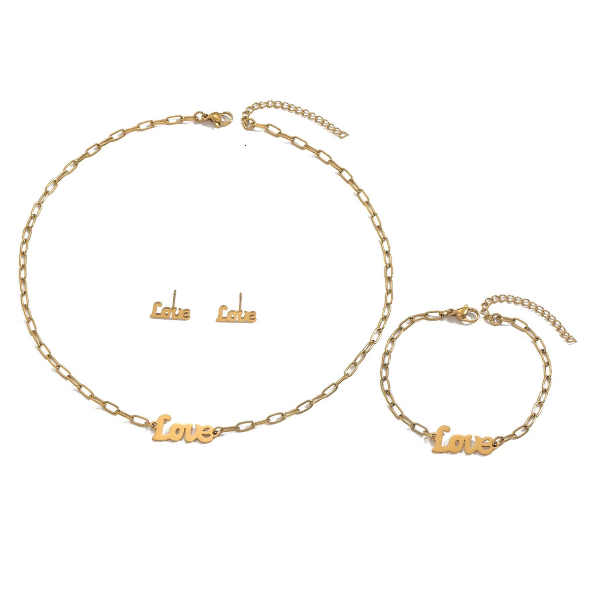 Lxalry Golden Jewelry Set Love Engraved Necklace Bracelet Earrings Handwritten Style Romantic Couple Accessories Minimalis 250609