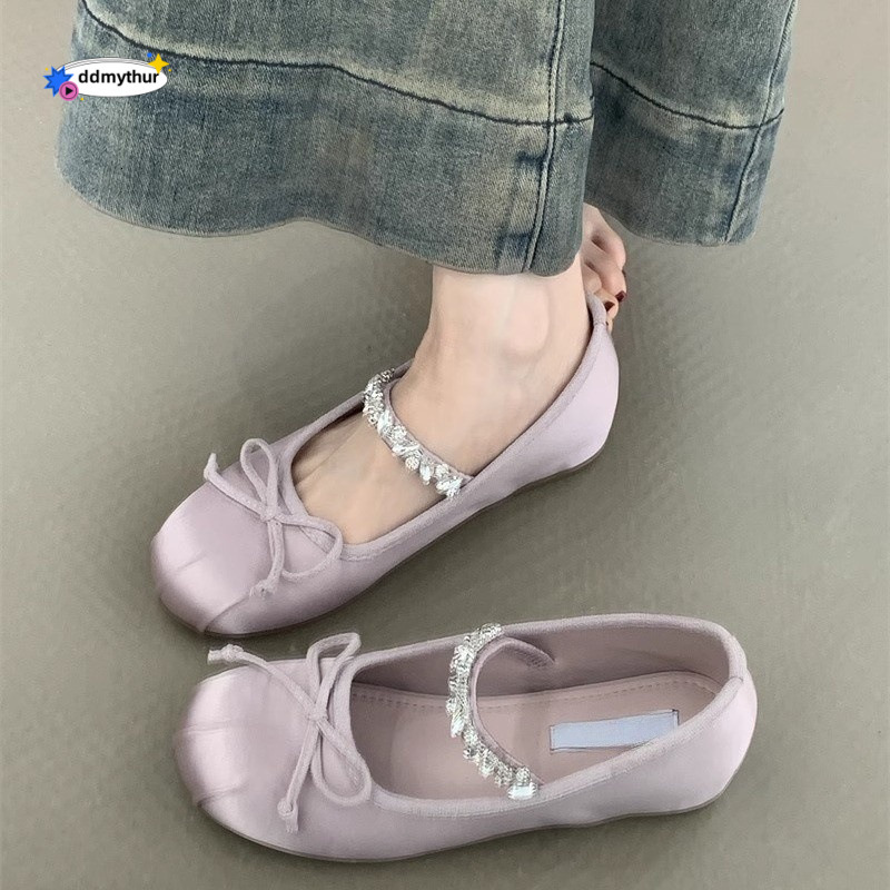 Petite Height Increasing Mary Jane Shoes 2025 New French Style Gentle Fairy Satin Rhinestone Ballet Flats ddmythur