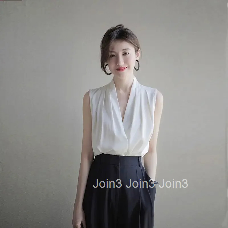 Shirts Blouses for Women Sleeveless Dress Office Outfits Formal Off Shoulder Woman Top V Neck Wear To Work White Sexy M Pretty