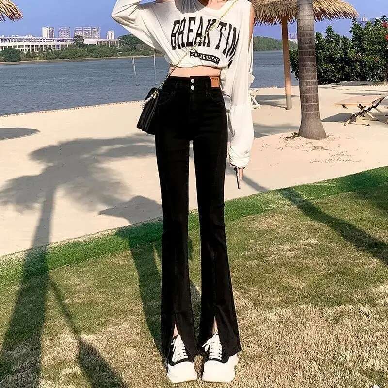 Womens Jeans Flare Trousers Flared Woman Pants Bell Bottom Blue with Pockets High Waist Shot Harajuku Fashion Chic and Elegant A