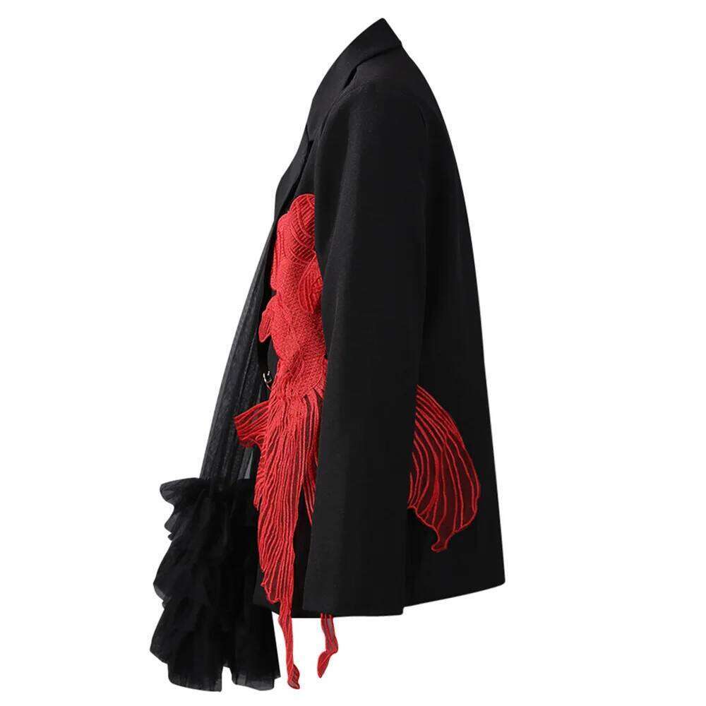 CHICEVER Hit Color Spliced Appliques Jackets for Women Notched Collar Long Sleeve Patchwork Tierred Designer Blazer Female Style