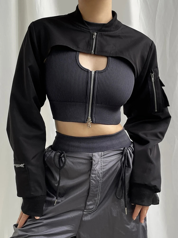 Zip Up Stand Collar Long Sleeve Black Cropped Jackets Women Pocket Safari Style Streetwear 250614