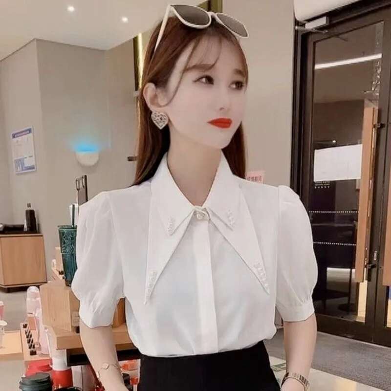 Clothes Chiffon Womens Shirt Blouse Collar Tops for Women Office Outfits with Puffy Sleeves Wear To Work Formal Green New 2025