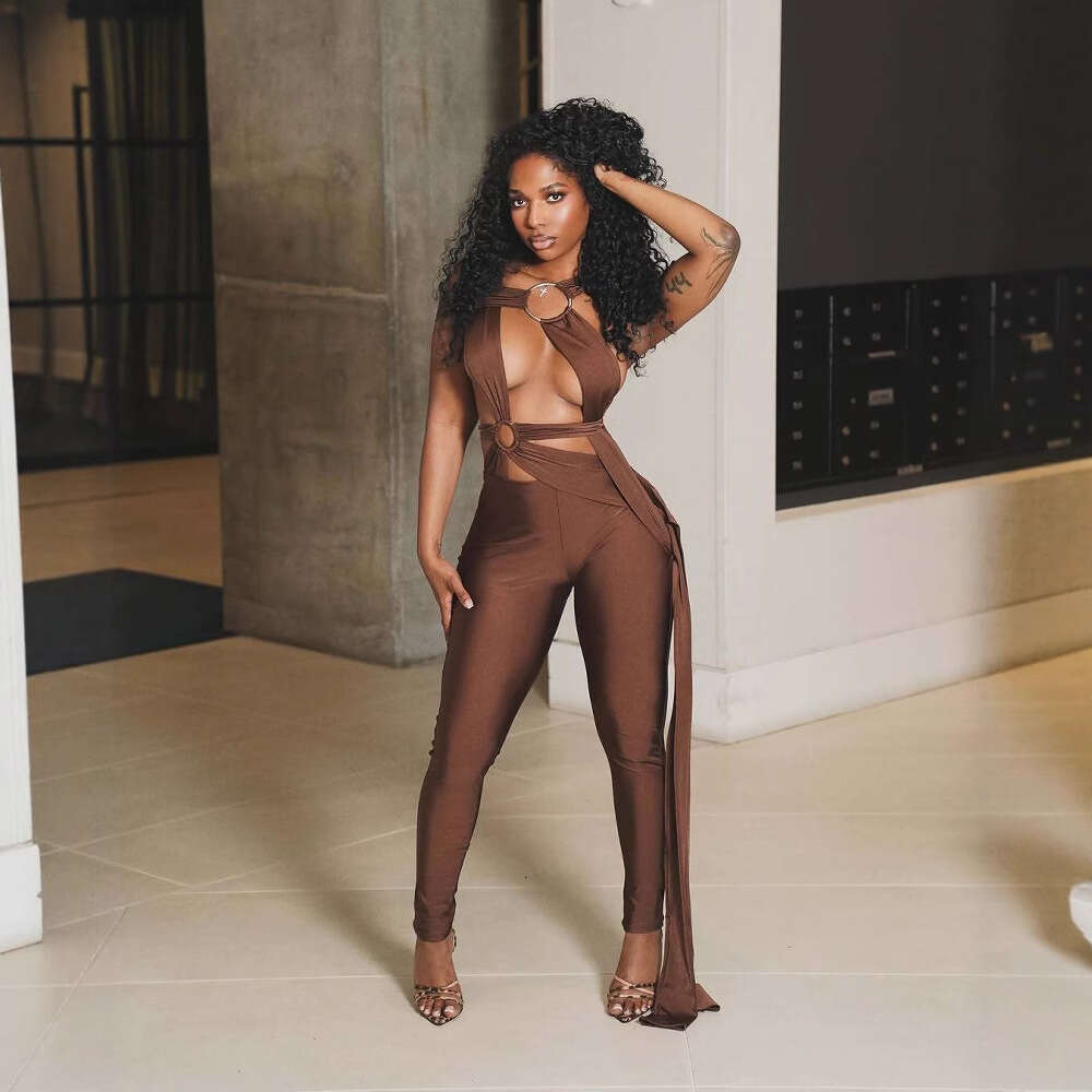 Summer New Women's Sexy Slim Hollow Out Ring Cross Tie Ribbon Bodycon Jumpsuit B5