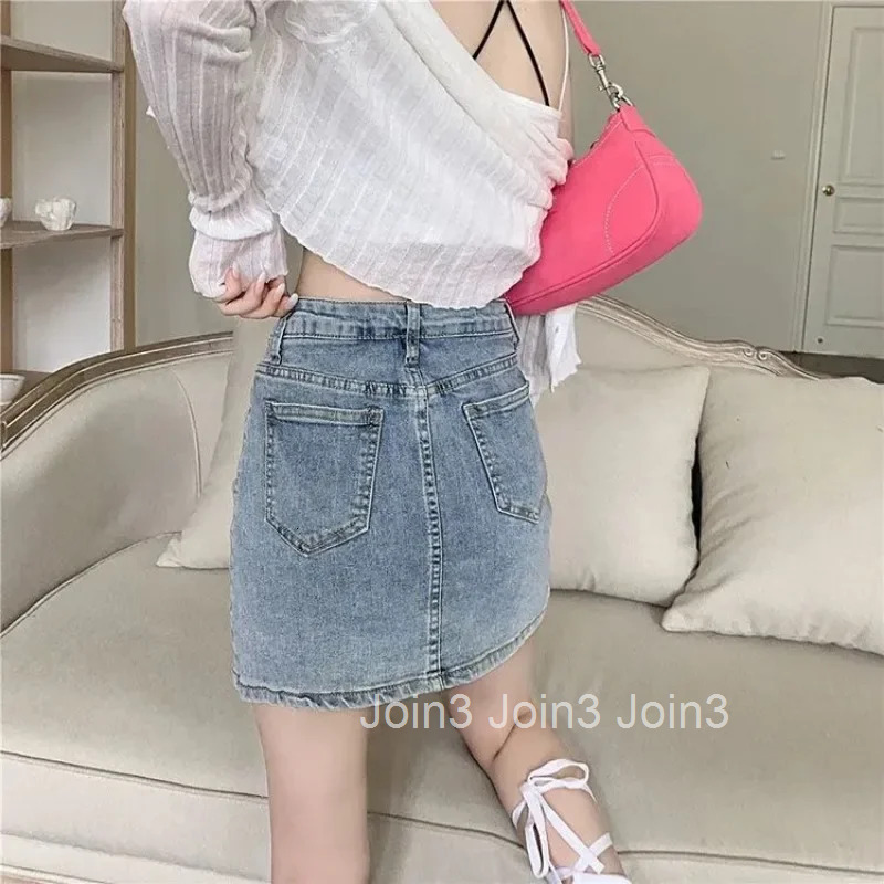 Gyaru Jeans Skirts for Women Midi Pants High Waist Blue Mini Woman Denim Skirt Chorts with Pocket Short Casual Harajuku V A Line