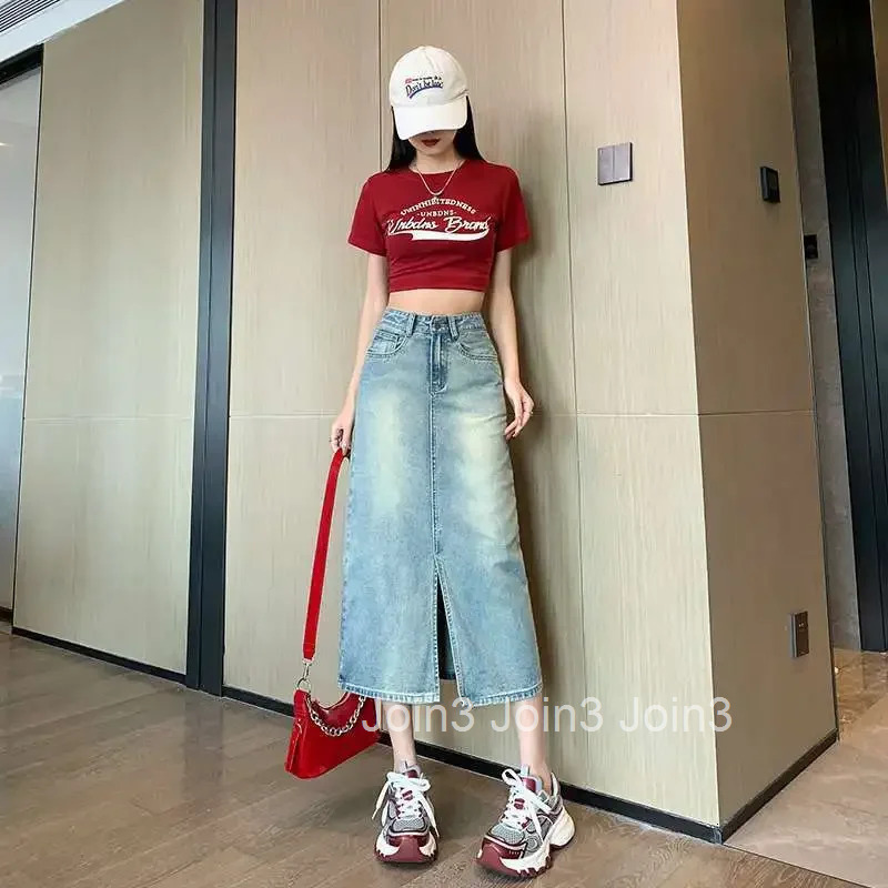 Female Jeans Skirts Korean Style Aesthetic Premium Quality Stylish Y2k Vintage Modest Cheap High Waist Midi Womens Denim Skirt