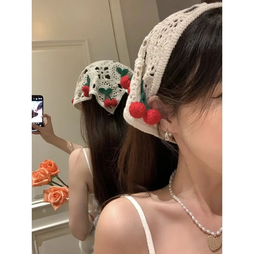 Knitted Triangle Headband Cute Little Cherry French Pastoral Style Headband Towel Handmade Crochet Headscarf Hat Girls 250610