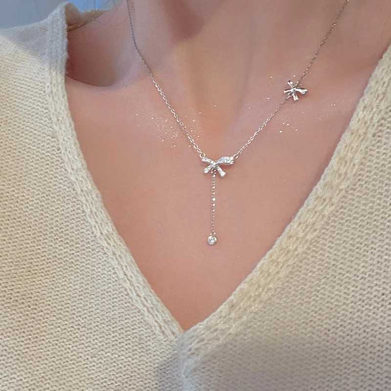 Fashion Zircon Bow Pendant Necklace For Women Exquisite Crystal Bowknot Tassel Clavicle Chain Necklace Jewelry Birthday Gifts W250616